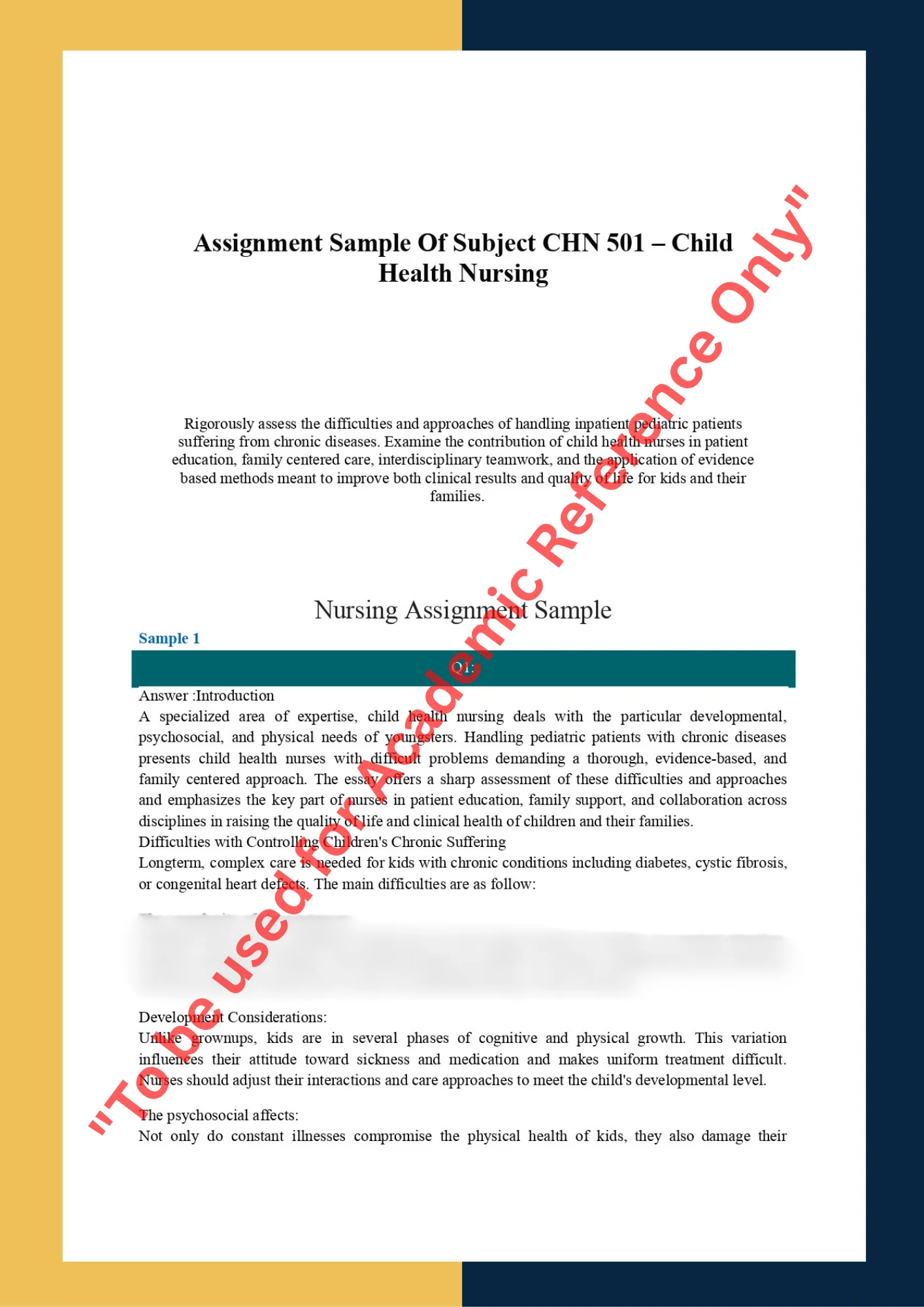 Assignment Sample Of Subject CHN 501 – Child Health Nursing 0